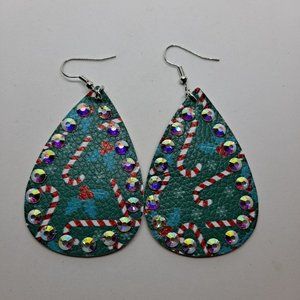 Christmas Earrings Teardrop Holly Candy canes green red Bling Faux Leather